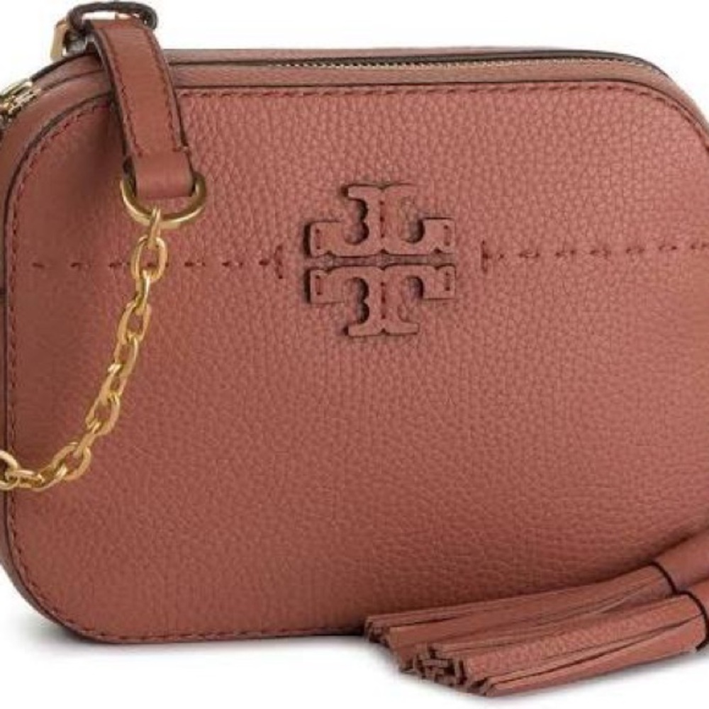 Tory Burch McGraw Crossbody Camera Bag with Tassel in Dark Cider